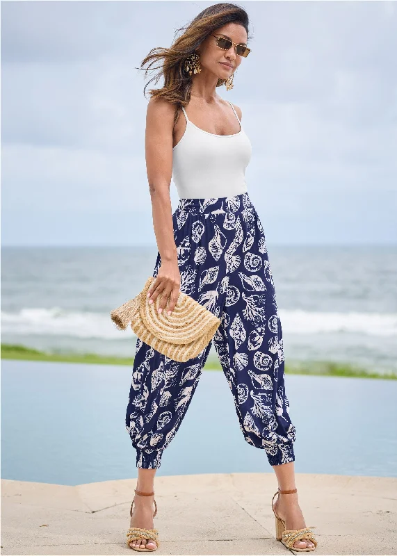 Travel Pants-Deep Ocean Patterned Pants - Navy & White