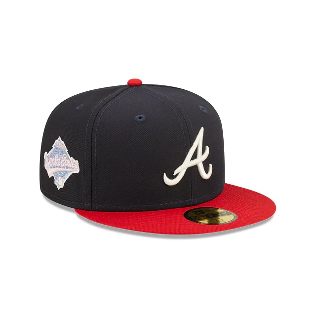 Adjustable Snapback Hat-Atlanta Braves New Era Navy 1995 World Series Patch Pop Sweat 59FIFTY Fitted Hat Lilac Bottom