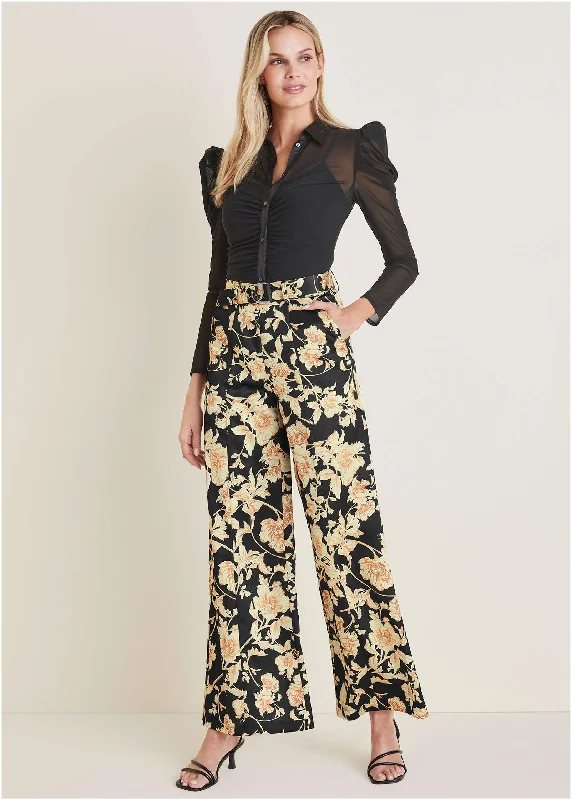 Travel-Ready Pants-Floral Scroll Wide Leg Pant - Nouveau Roses