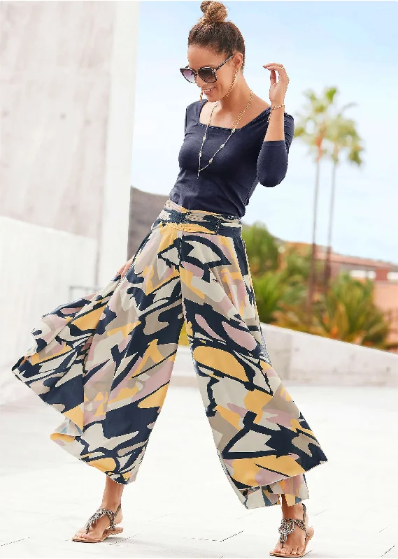 Stretch Pants-Printed Flowy Pants - Navy Multi