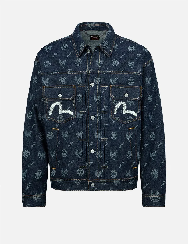 Button Jacket-Eagle and Kamon Allover Discharged Print Denim Jacket