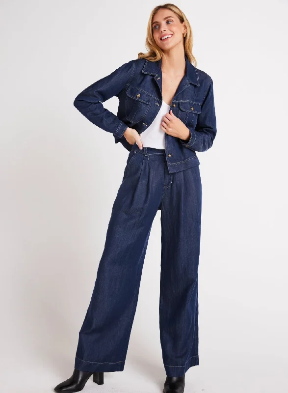 Zipper Pants-Pleated Wide Leg Pant - Dark Denim