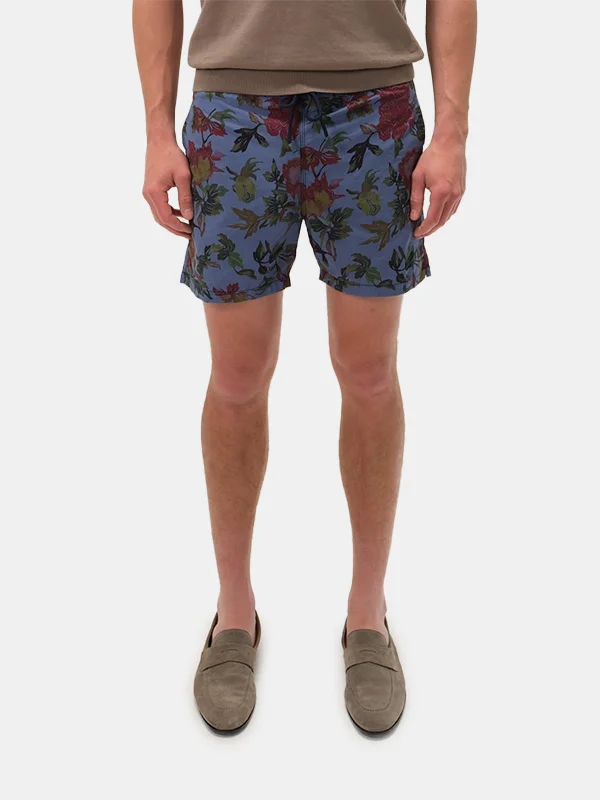 Workout Gear Shorts-Muted Blue Floral Printed Swim Shorts