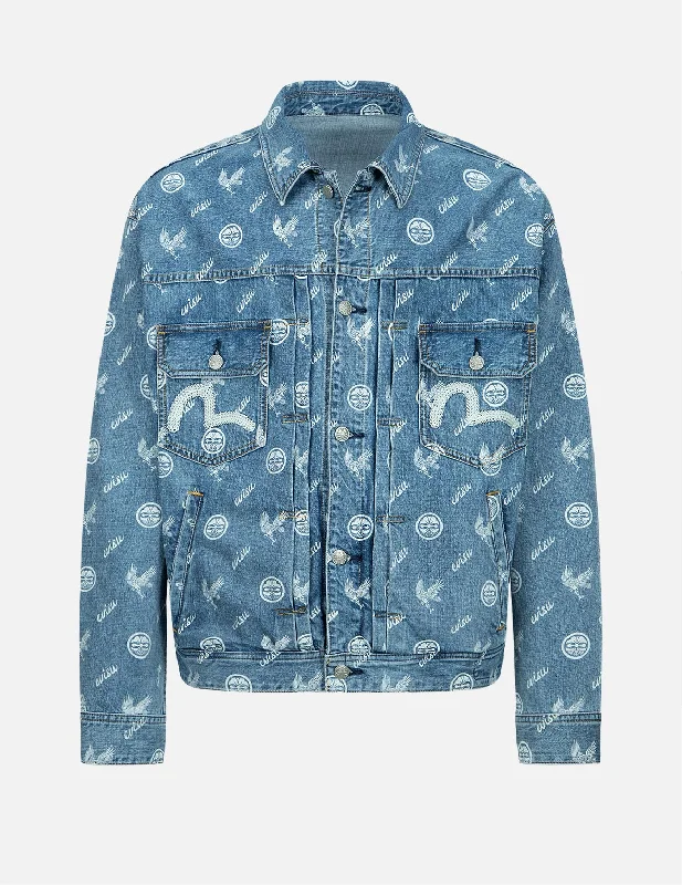 Layered Jacket-Eagle and Kamon Allover Discharged Print Denim Jacket