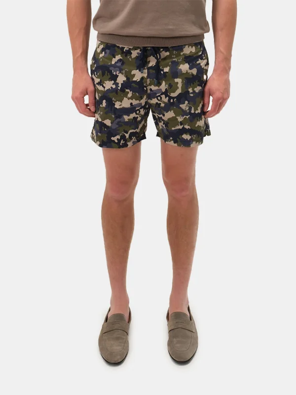 Button Fly Shorts-Green Camouflage Printed Swim Shorts