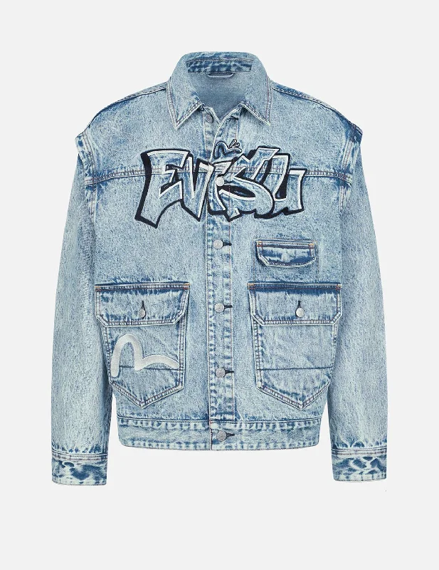 Eco-Conscious Jacket-Graffiti Logo Embroidery Denim Jacket with Detachable Sleeves