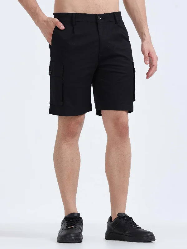 Stretch Shorts-Soft Cotton Pleated Black Cargo Shorts