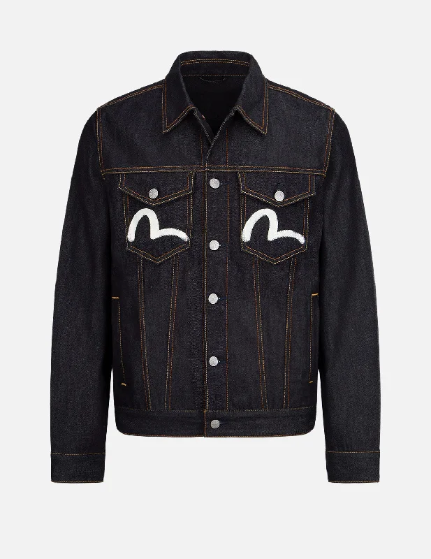 Snowboarding Jacket-Ecru Seagull Print Denim Jacket