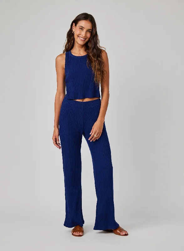 Trendy Pants-Ribbed Wide Leg Pant - Navy Coast