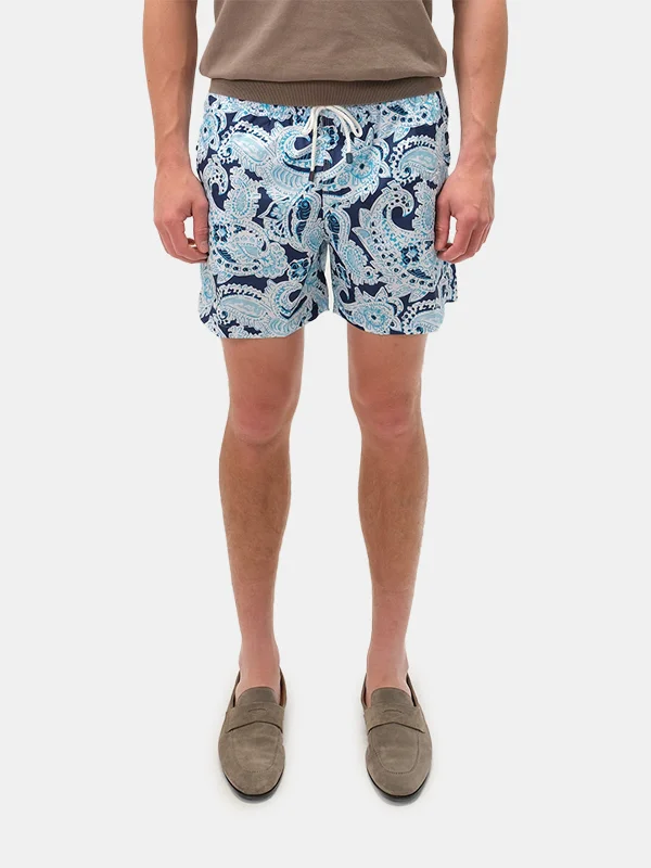 Performance Gear Shorts-Navy Macro Paisley Printed Swim Shorts