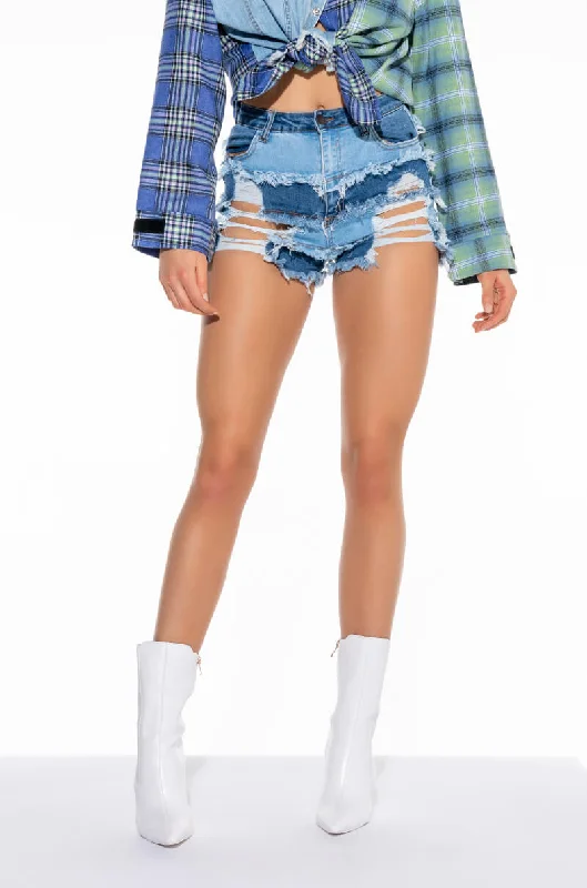 Utility Shorts-ALICE PATCHWORK DISTRESS HIGH RISE DENIM SHORTS