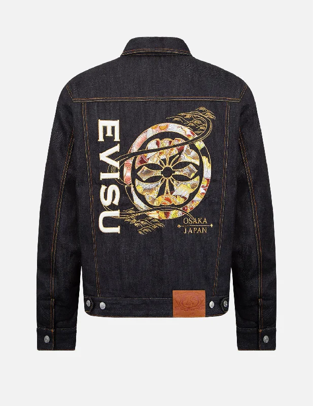 Stretch Jacket-Koi-pattern Kamon and Logo Embroidery Denim Jacket