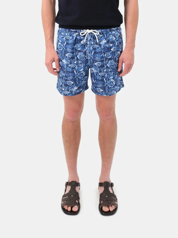 Fitness Shorts-Royal Marine Life Printed Swim Shorts