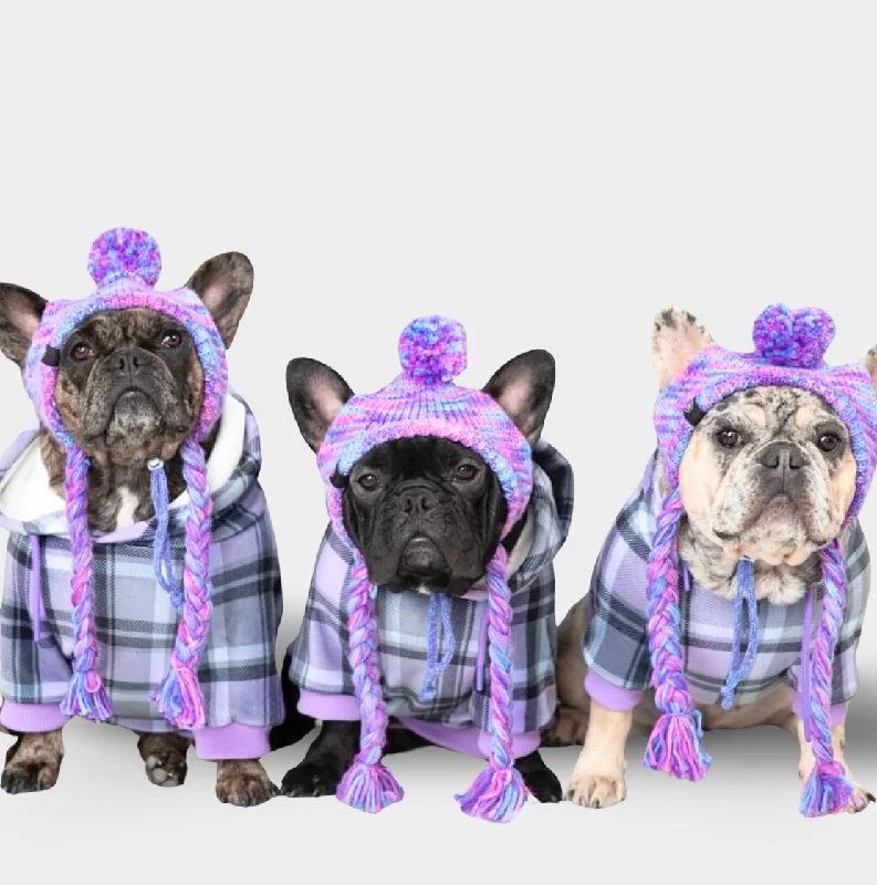 Trendy Graphic Hoodie-Purple Plaid Dog Hoodie