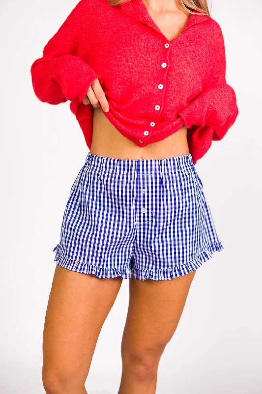 Everyday Shorts-Georgia Gingham Ruffle Hem Shorts in Blue