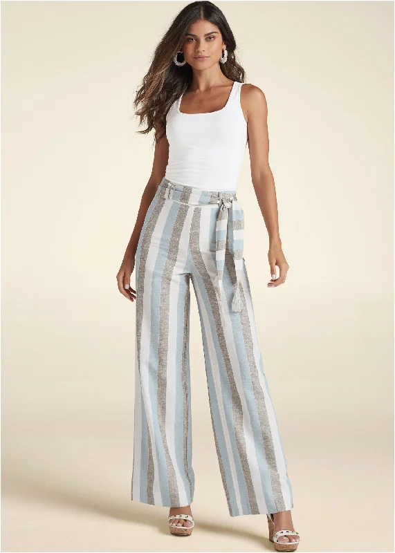 Lounge Pants-Striped Wide Leg Linen Pants With Belt With Self Belt - Light Blue Multi