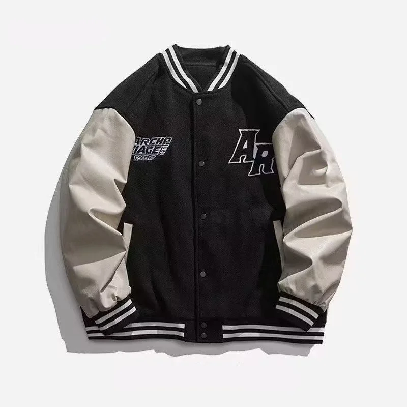 Comfortable Work Jacket-Vintage letter embroidered baseball varsity bomber jacket