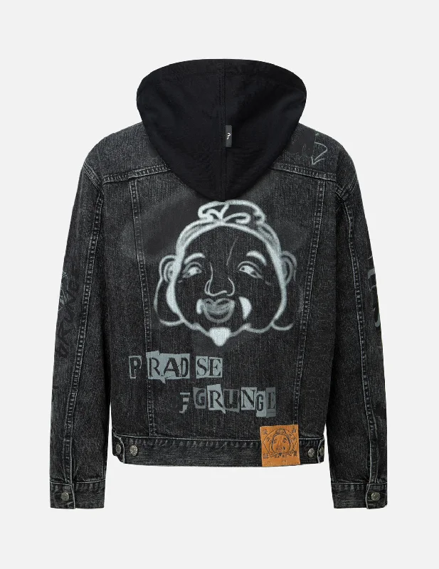 Sports Jacket-Graffiti Godhead Print Loose Fit Hooded Denim Jacket