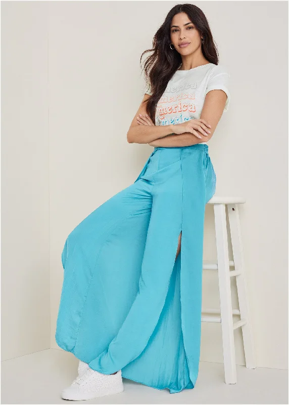 Casual Pants-Tulip Hem Wide Leg Pants  - Blue