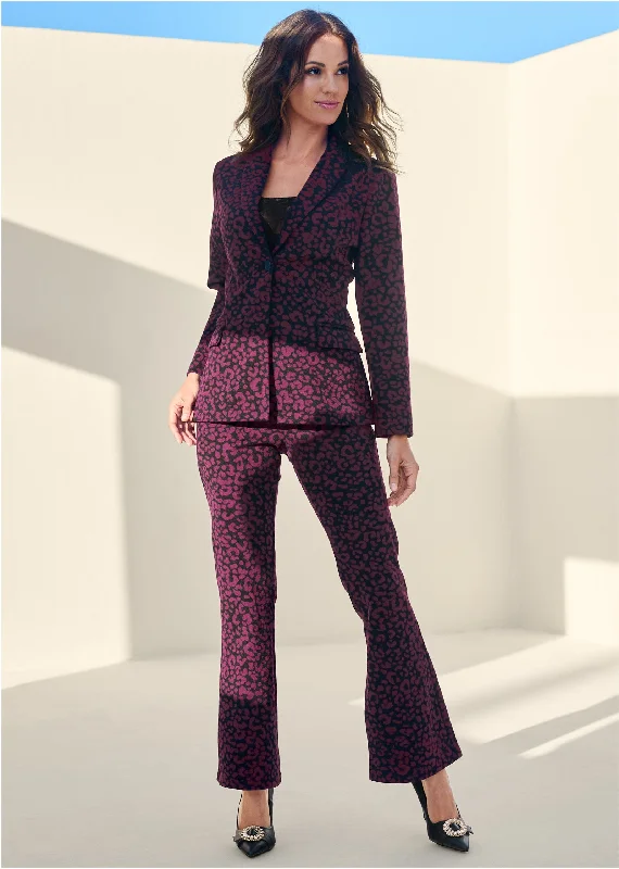 Button Fly Pants-Leopard Kick Flare Suit Set - Wine