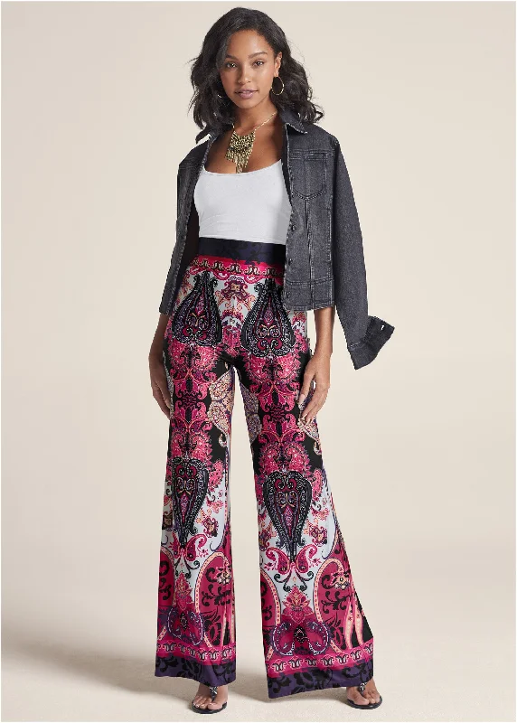 Cargo Work Pants-Wide Leg Paisley Print Pant - Pink Multi