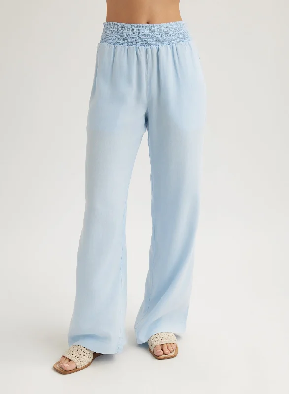 Travel Pants-Smocked Waist Wide Leg Pant - Clear Water