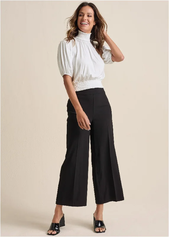 Dressy Pants-Crop Wide Leg Pants - Black