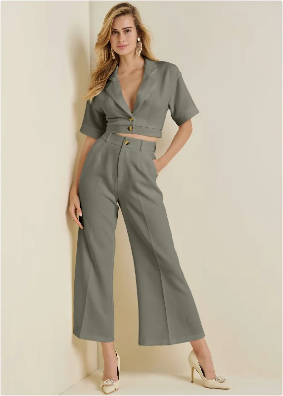 Wide Leg Pants-Flare Leg Suiting Set - Olive