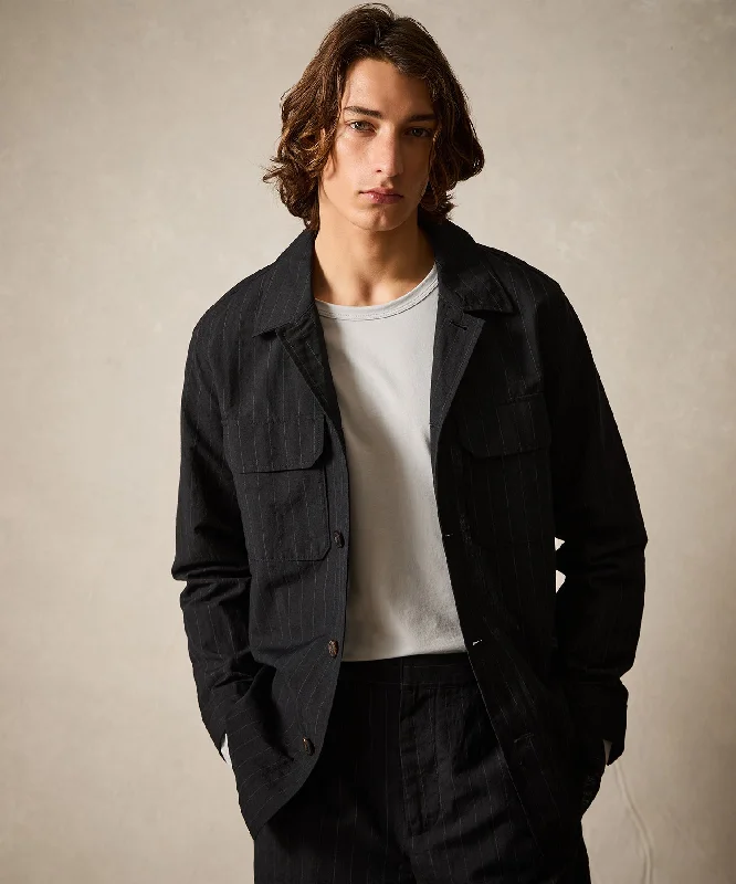 Modern Jacket-Italian Wool Linen Two-Pocket Overshirt in Black Pinstripe