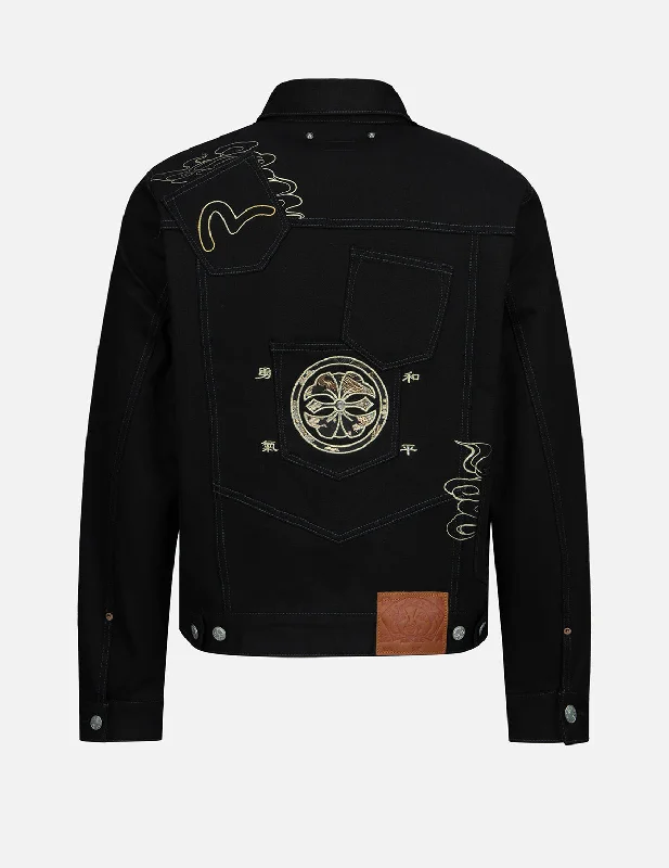 Warm Jacket-Brocade Pattern Logo and Kamon Embroidered Denim Jacket