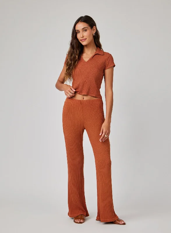 Fashionable Pants-Ribbed Wide Leg Pant - Spring Brown