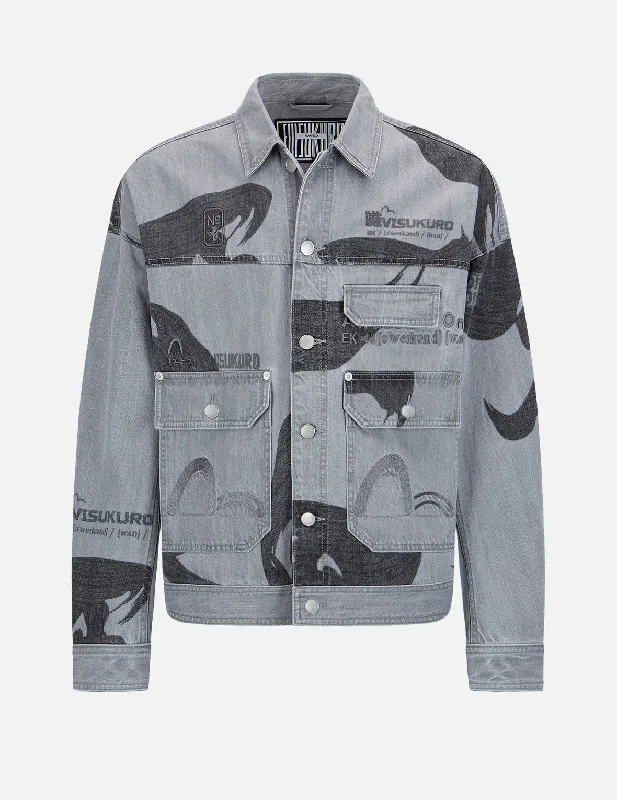 Puffer Jacket-Brushstroke Kanji and Multi-Logo Denim Jacket