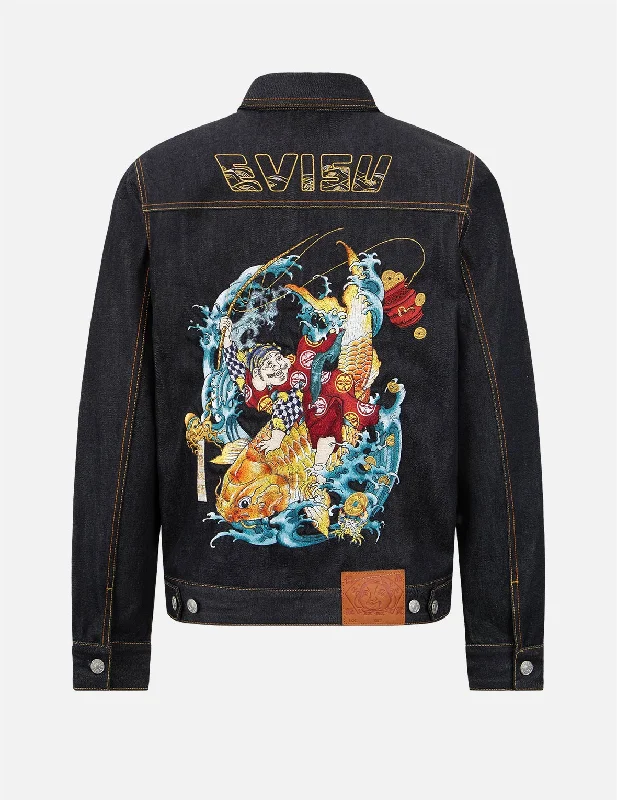 Outdoor Adventure Jacket-“The God of Fortune Riding Waves” Embroidery Denim Jacket