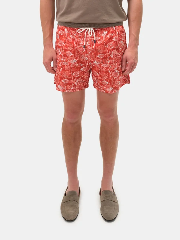 Comfortable Lounge Shorts-Carmine Red Marine Life Printed Swim Shorts