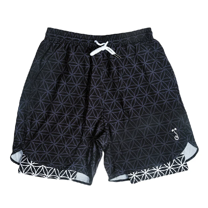 Floral Print Shorts-Flower of Life Black Athletic Liner Shorts