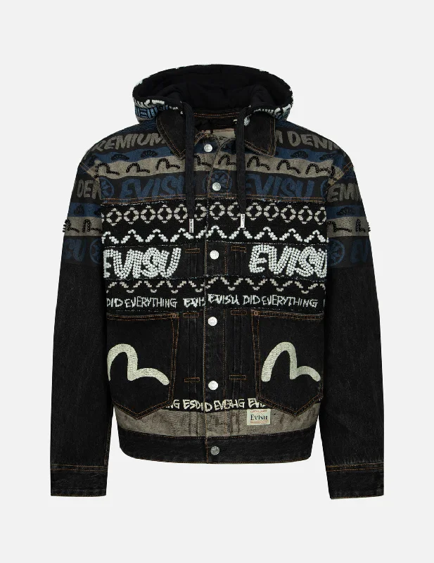 Fashion Jacket-Fair Isle Pattern with Peral Stud Knitted Panel Loose Fit Hooded Denim Jacket