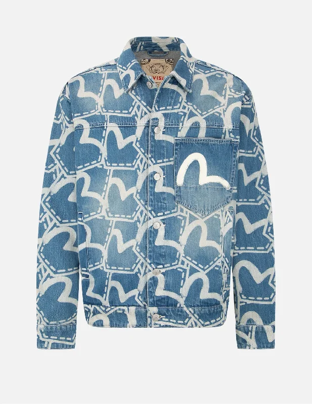 Streetwear Jacket-Allover Pocket Graphic Discharged Print Denim Jacket