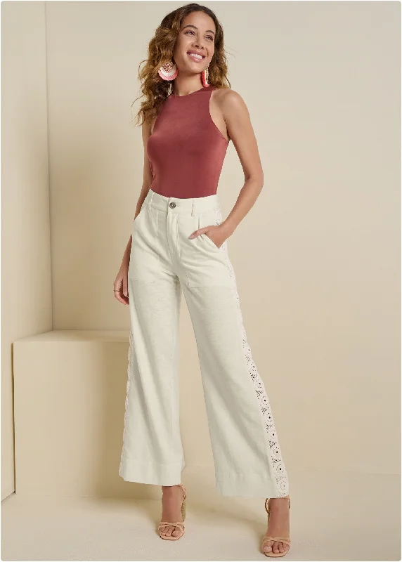 Smart Pants-Linen Crochet Side Pants - Bone