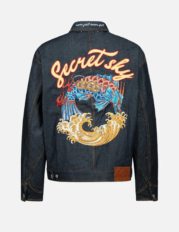 Cool Weather Jacket-Koi Playing In Waves" Embroidery Denim Jacket