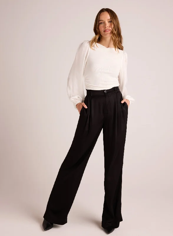 Workwear Pants-Pleated Wide Leg Trouser - Black