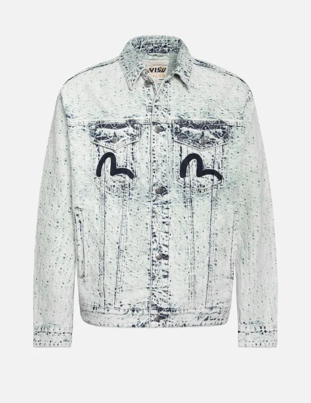 Reversible Jacket-Allover Kamon Jacquard and Seagull Embroidery Loose Fit Denim Jacket