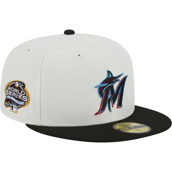 Beach Hat-New Era Miami Marlins Throwback 2003 Worlds Series 59FIFTY Fitted Ivory Hat