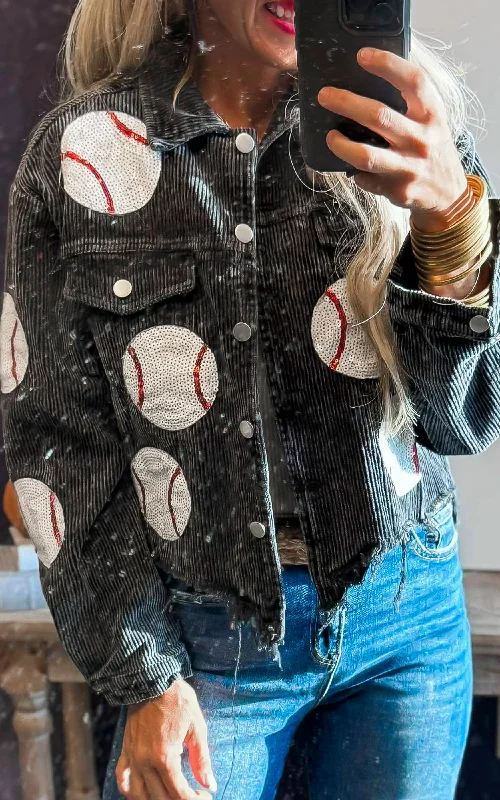 Travel-Friendly Jacket-Vintage Black Baseball Corduroy Jacket