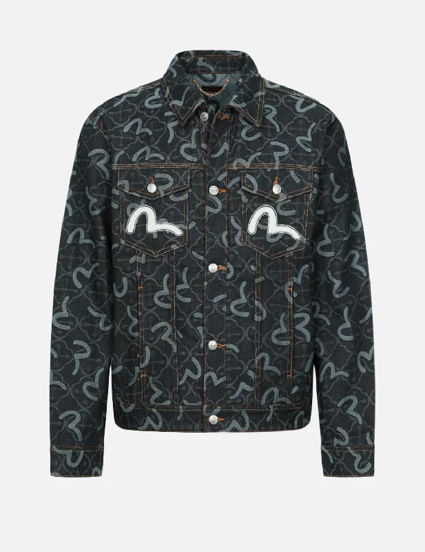 Cold Weather Jacket-Allover Seagull and Kamon Jacquard Relax Fit Denim Jacket