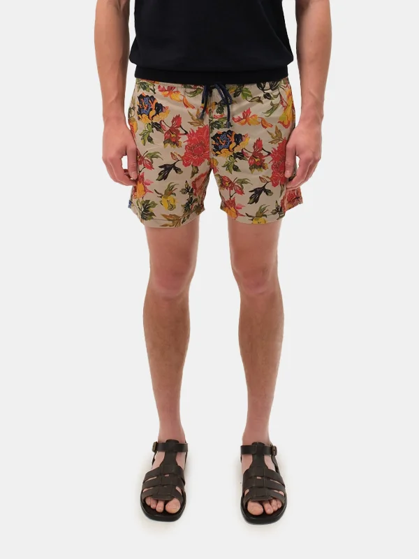 Stylish Shorts-Muted Beige Floral Printed Swim Shorts