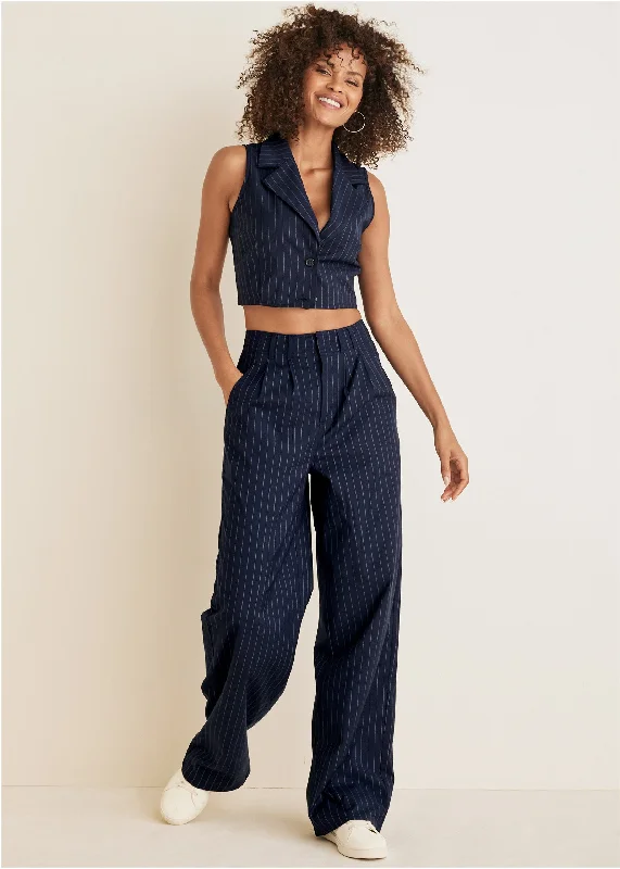 Wide-Legged Pants-Sleeveless Cropped Suit Set - Navy Multi