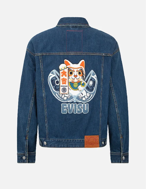 Tailored Jacket-Zip-up Daruma and Fortune Cat Appliqué Denim Jacket