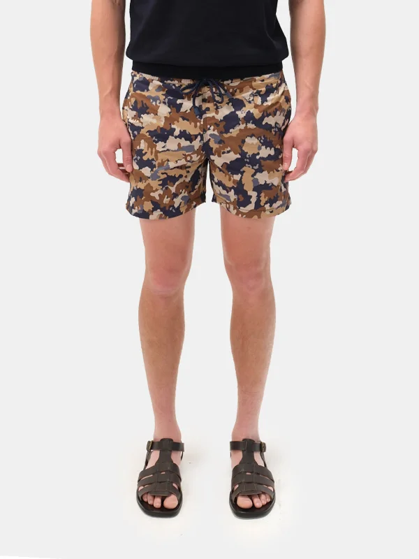 Yoga Shorts-Beige Camouflage Printed Swim Shorts