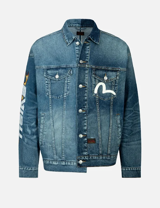 Soft Fleece Jacket-Flame Logo Embroidery Half & Half Denim Jacket