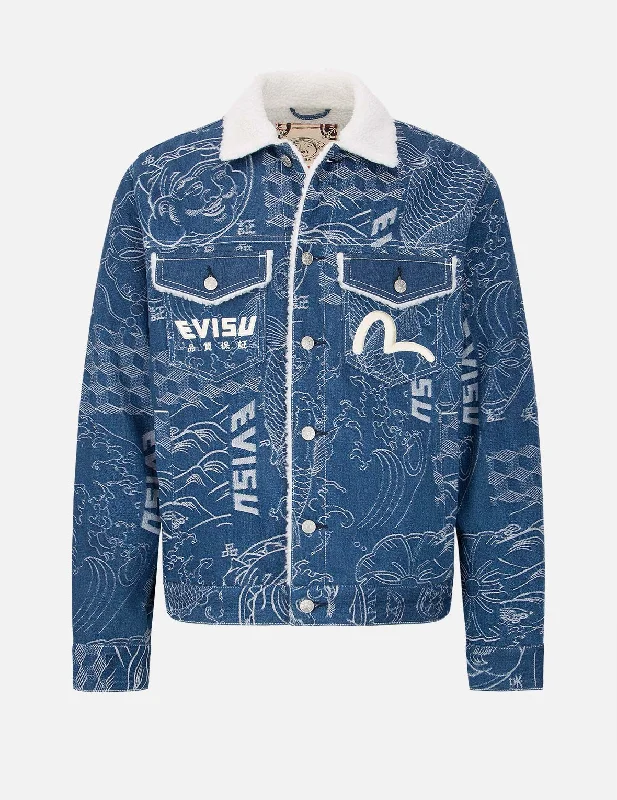 Formal Jacket-Allover Japanese Pattern Jacquard Sherpa-Lined Denim Jacket